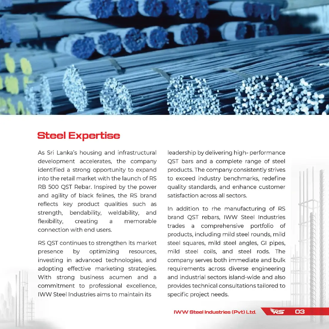 Steel Expertise - RS RB500 QST rebar RS Steel expertise page - bundled RB500 QST rebar and product range of IWW Steel Industries