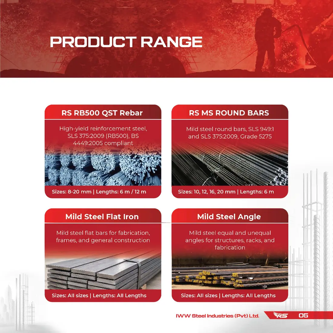 RS Steel product range - RB500, MS rounds, flat and angle RS Steel product range - RB500 QST rebar, MS round bars, mild steel flat iron and angle