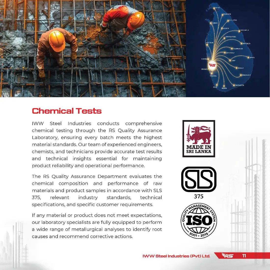 RS Steel chemical tests and island-wide supply RS Steel chemical tests, Made in Sri Lanka, SLS 375 and ISO 9001 with island distributor map