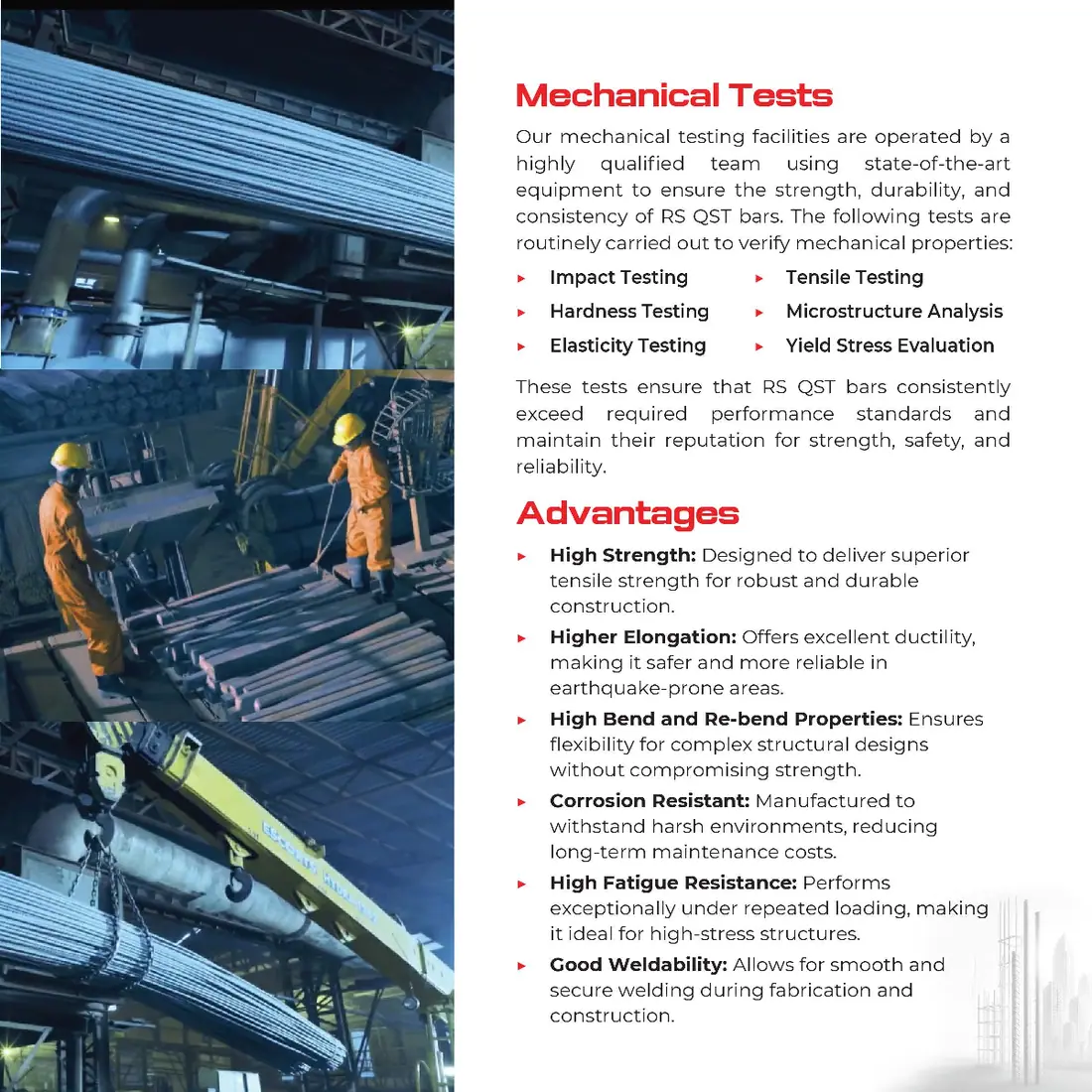 RS Steel mechanical tests and QST bar advantages RS Steel mechanical testing of QST bars - tensile, hardness, yield, and mill handling photos