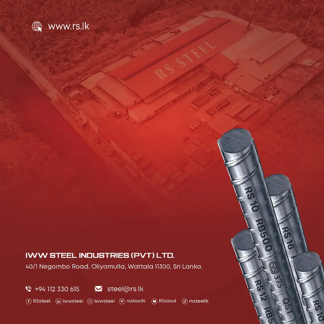 RS Steel company profile back cover RS Steel company profile back cover - mill aerial, RB500 QST rebar, Wattala address and www.rs.lk